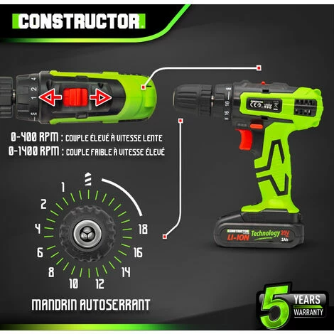 Perceuse Visseuse 20V Lithium-2 Batteries - Chargeur Rapide - Constructor 3 Perceuse Visseuse 20V Lithium-2 Batteries - Chargeur Rapide - Constructor - Image 3
