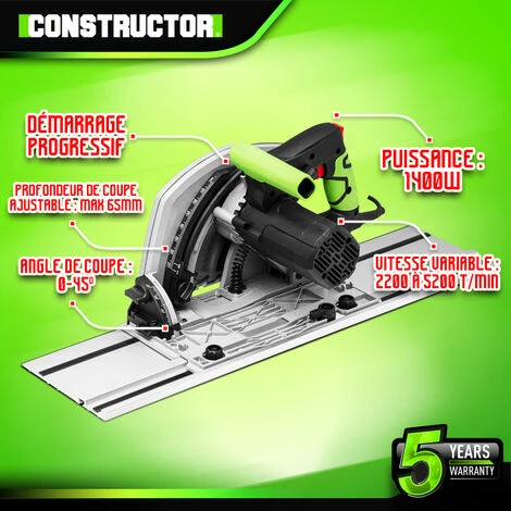 Scie Circulaire Plongeante 1400W Avec Rail De Guidage - Lame 190mm 24 Dents - Constructor 2 Scie Circulaire Plongeante 1400W Avec Rail De Guidage - Lame 190mm 24 Dents - Constructor - Image 2
